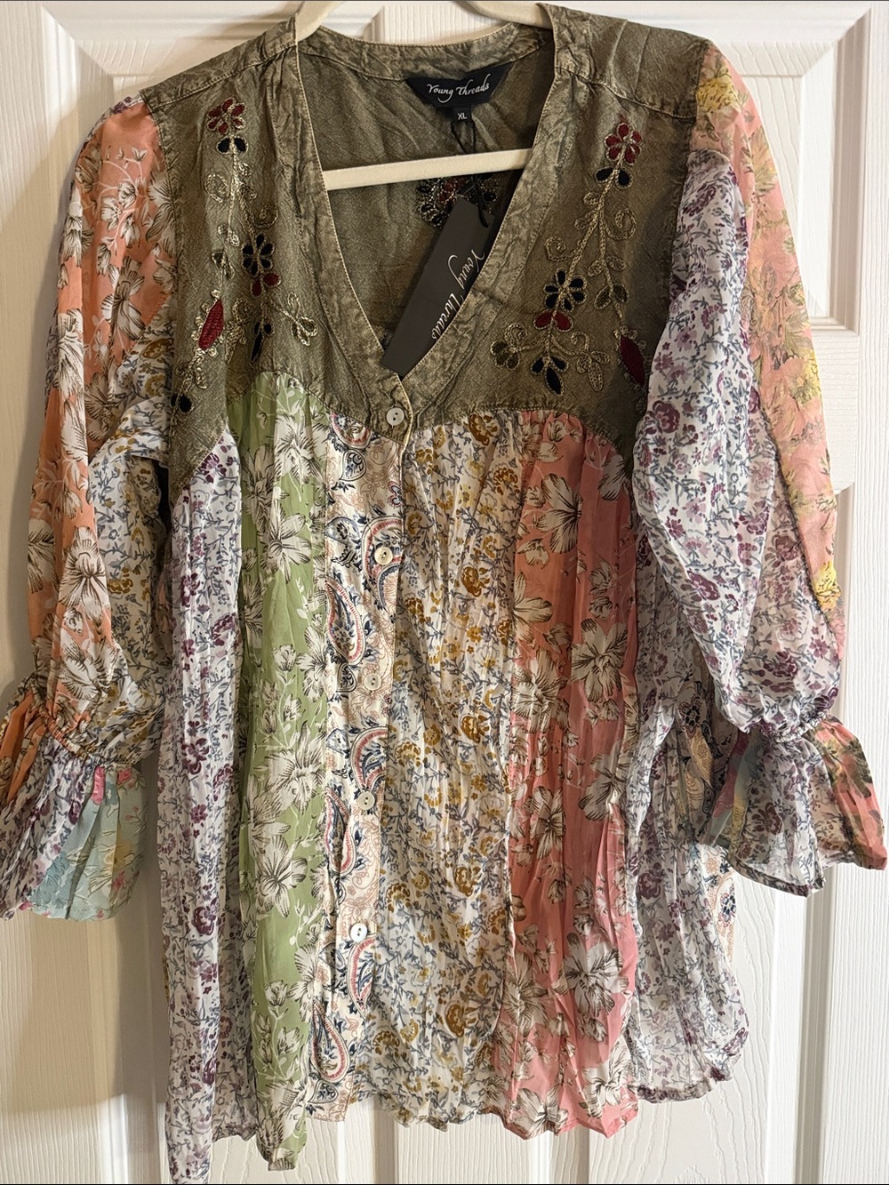 Young Threads Floral Patchwork Tunic with Olive Embroidered Yoke xl nwt sku65